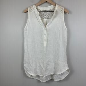 Laura Bianchi Linen Top Women's L White Crochet Lace V-Neck Blouse Boho‎ Beachy
